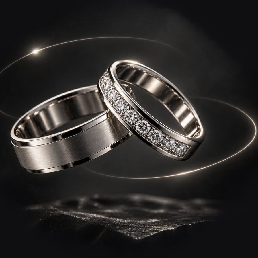 Par de alianças em Prata 925, uma lisa e uma cravejada, com feixe de luz ao redor