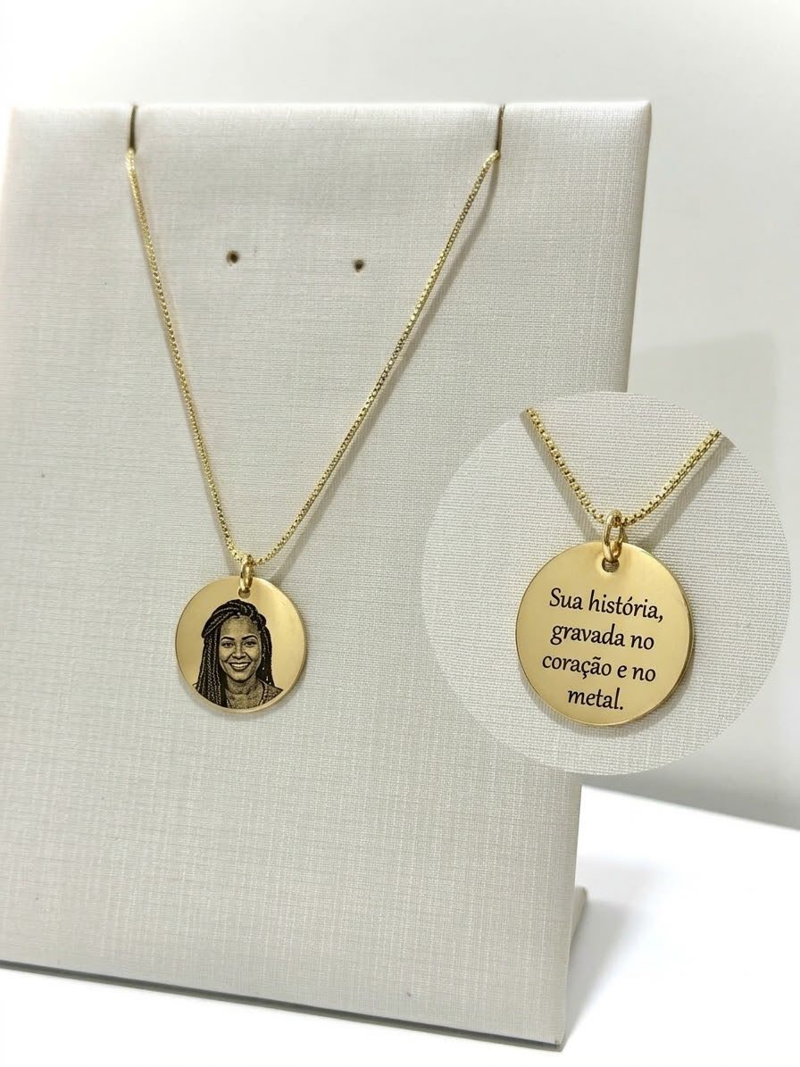Colar personalizado medalha M dourada, formato redondo, com gravação de foto